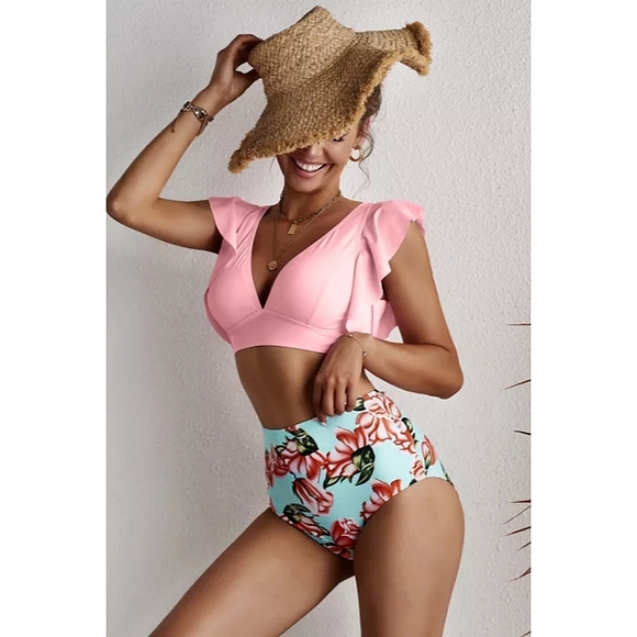 LAST ONE! Plus Size High Waisted Floral Bikini With Ruffles - Picture 4 of 5